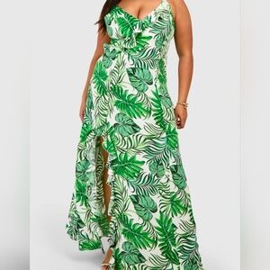 Boohoo Tropical Green Leaf Print Dress Ruffle Leg Slit Plus Size 4X/24 Cruise